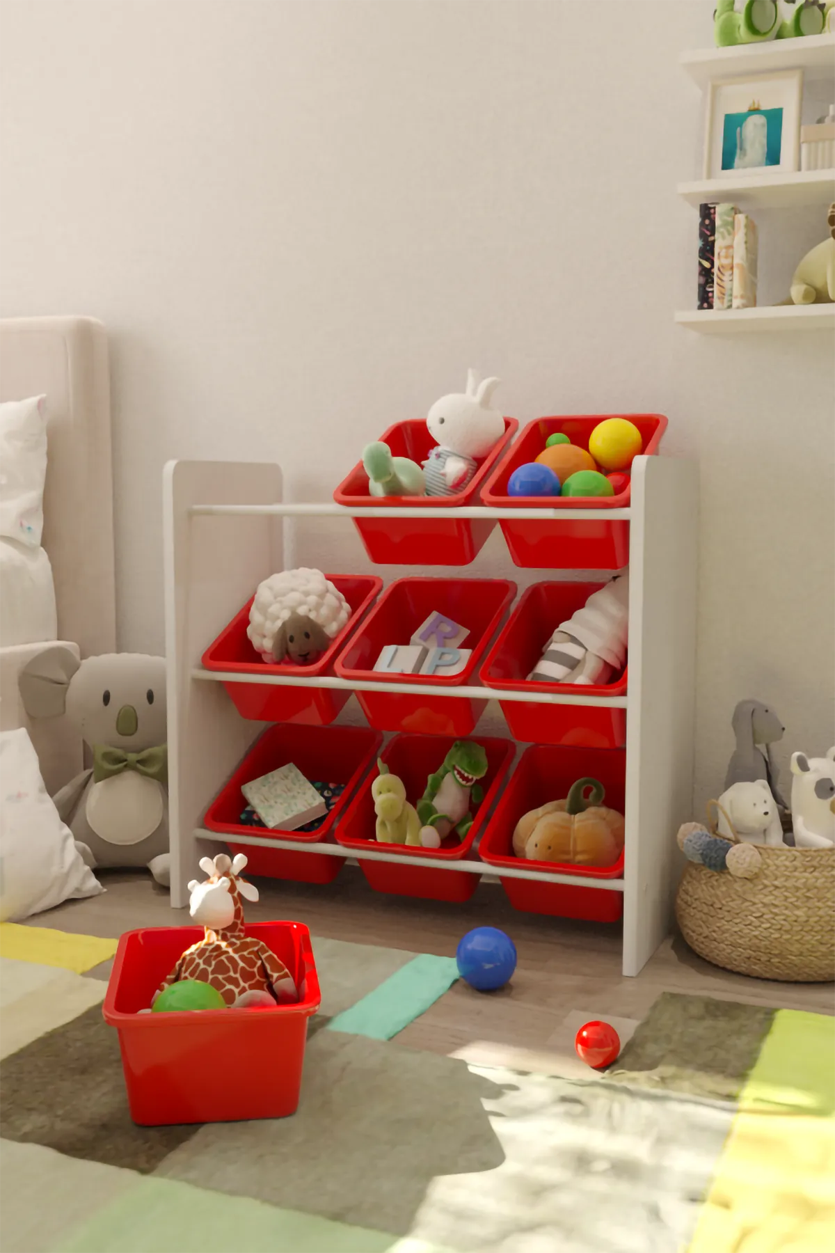 9 Sepetli Montessori Oyuncak Dolabı | Çok Amaçlı Düzenleyici Dolap - Kırmızı Sepetli