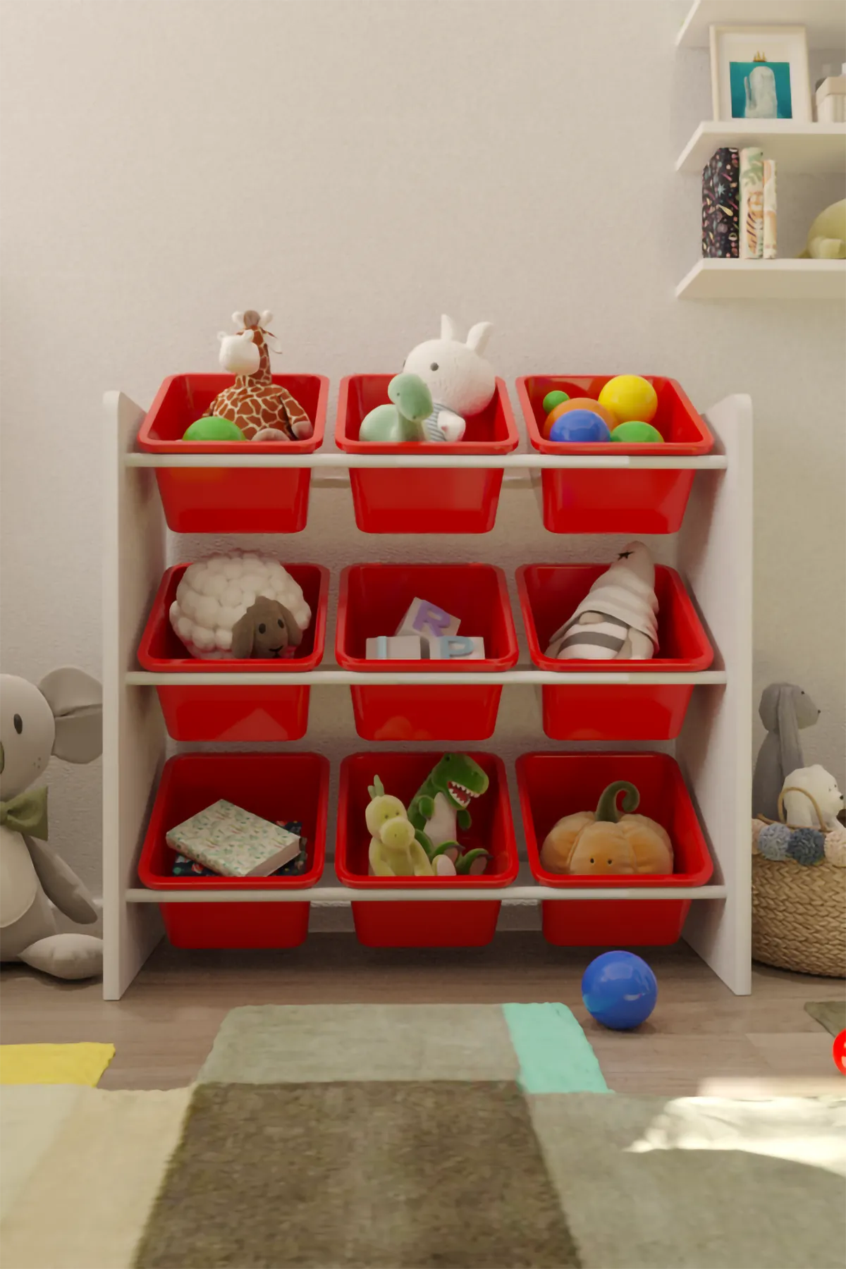 9 Sepetli Montessori Oyuncak Dolabı | Çok Amaçlı Düzenleyici Dolap - Kırmızı Sepetli