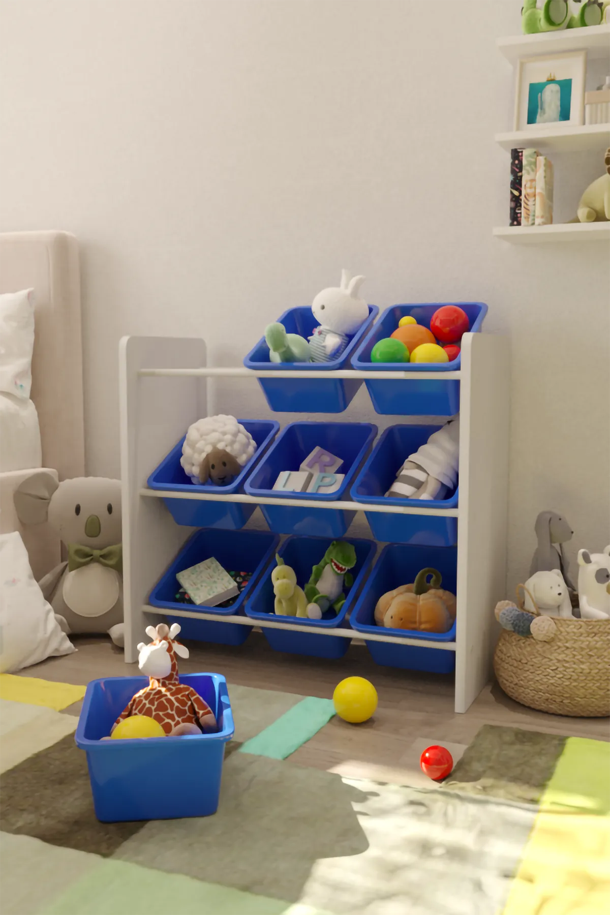 9 Sepetli Montessori Oyuncak Dolabı | Çok Amaçlı Düzenleyici Dolap - Mavi Sepetli
