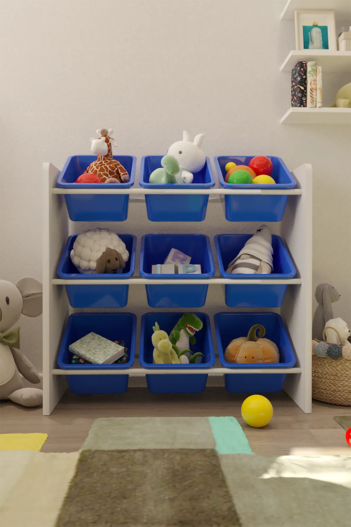 9 Sepetli Montessori Oyuncak Dolabı | Çok Amaçlı Düzenleyici Dolap - Mavi Sepetli