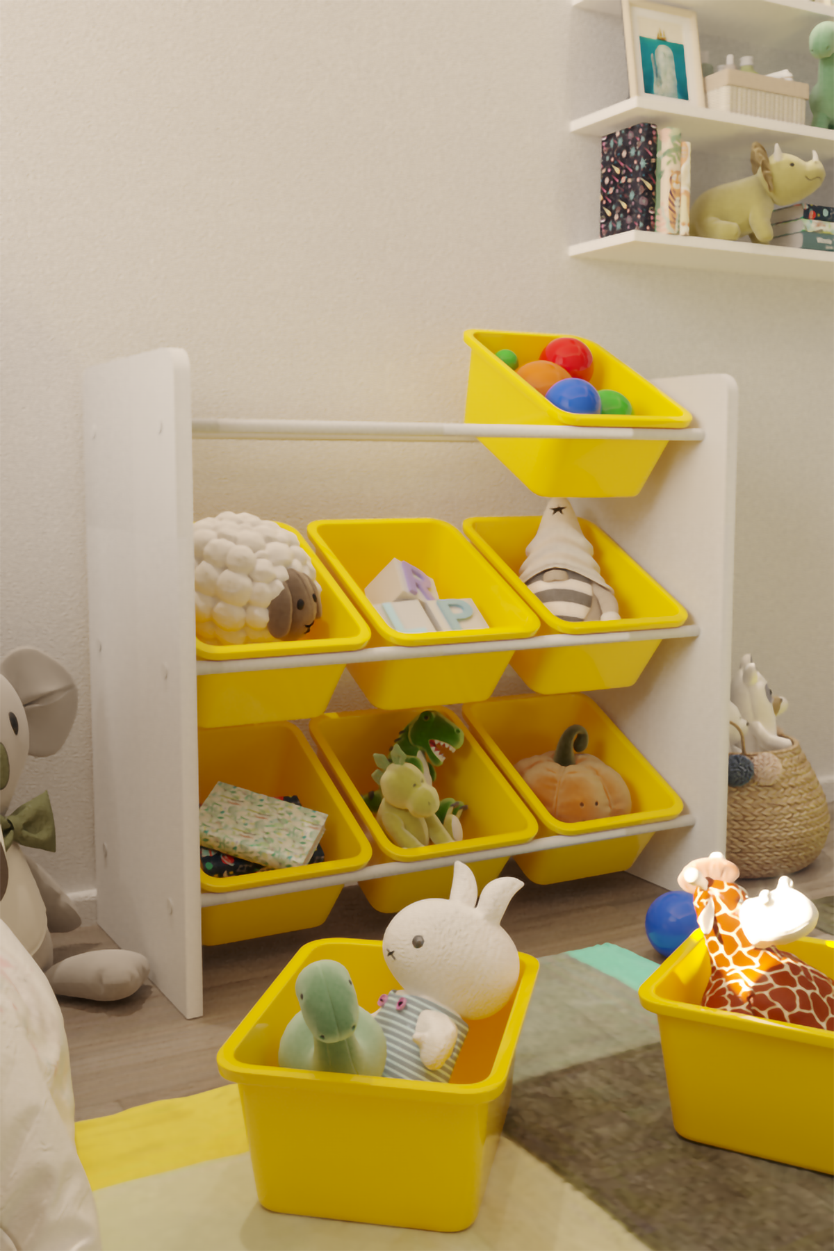 Flinder 9 Sepetli Montessori Oyuncak Dolabı | Çok Amaçlı Düzenleyici Dolap - Sarı Sepetli