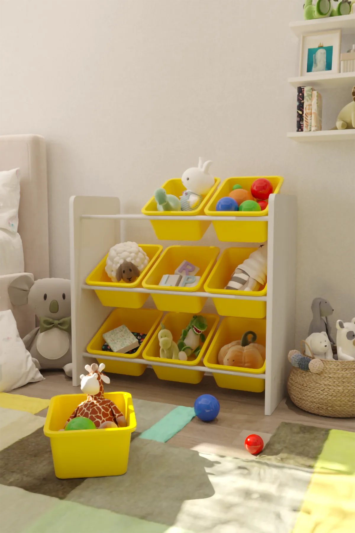9 Sepetli Montessori Oyuncak Dolabı | Çok Amaçlı Düzenleyici Dolap - Sarı Sepetli
