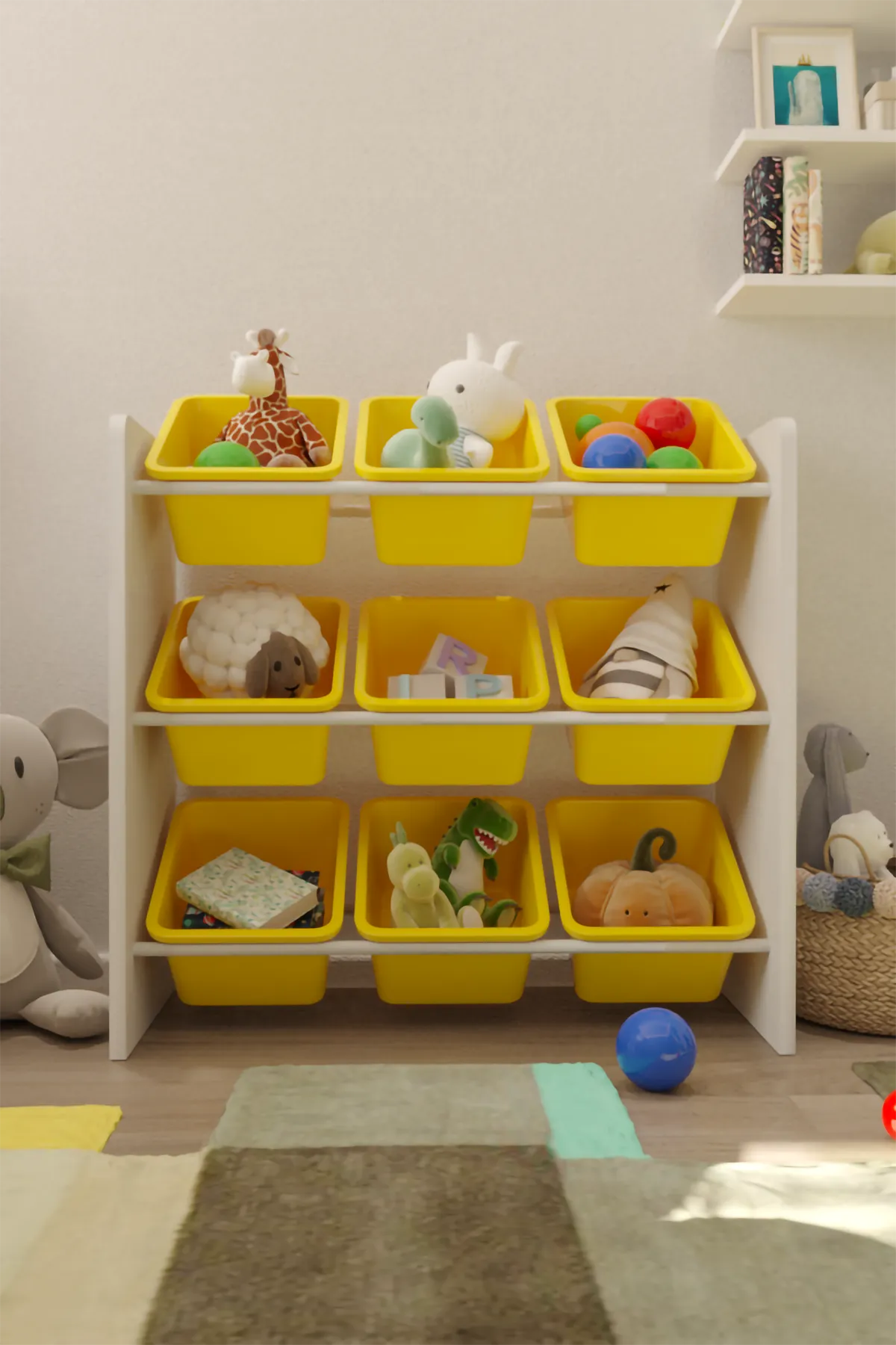 9 Sepetli Montessori Oyuncak Dolabı | Çok Amaçlı Düzenleyici Dolap - Sarı Sepetli