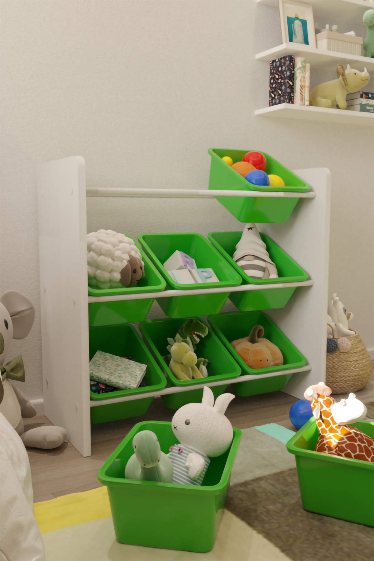 Flinder 9 Sepetli Montessori Oyuncak Dolabı | Çok Amaçlı Düzenleyici Dolap - Yeşil Sepetli