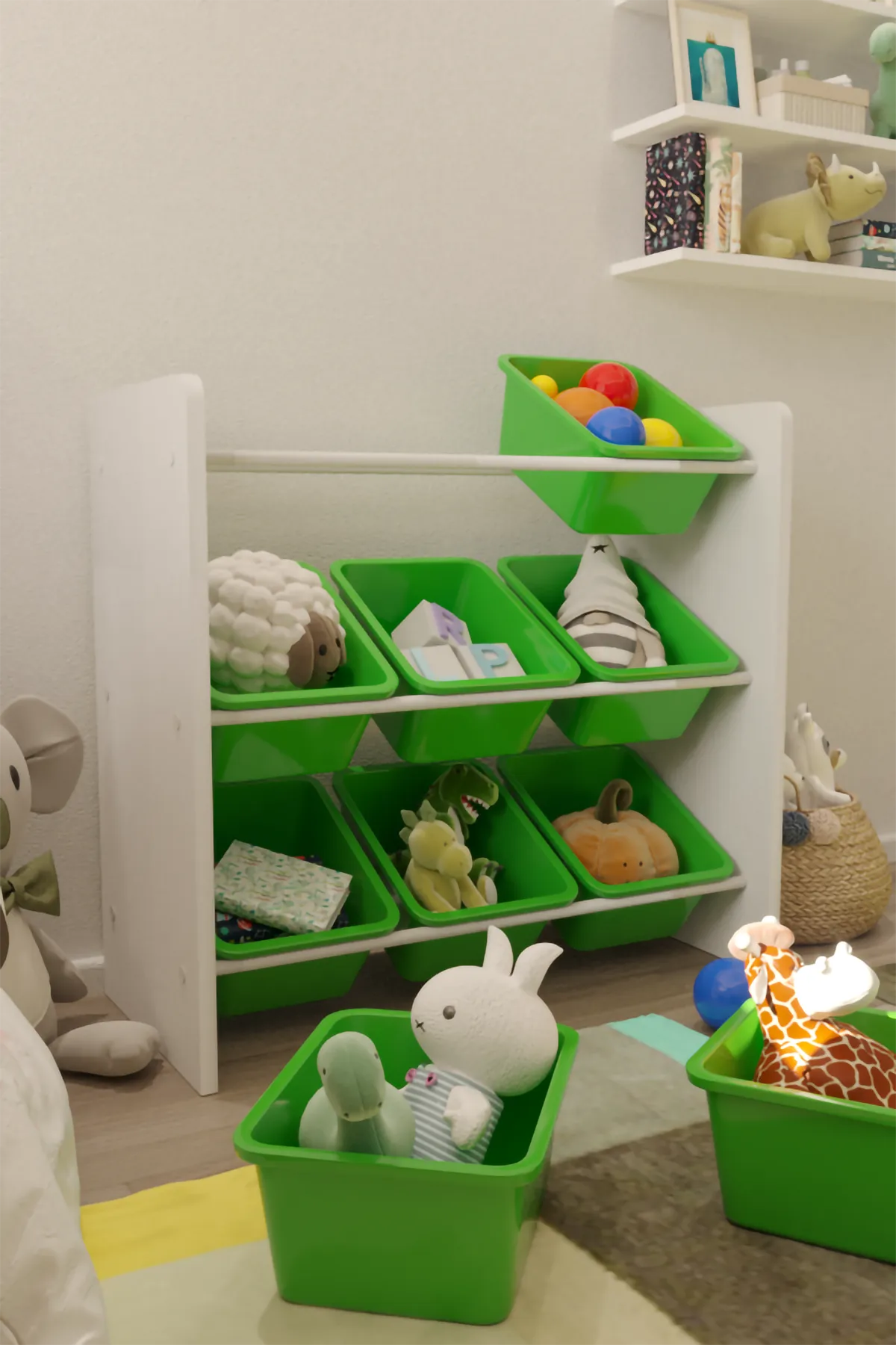 9 Sepetli Montessori Oyuncak Dolabı | Çok Amaçlı Düzenleyici Dolap - Yeşil Sepetli