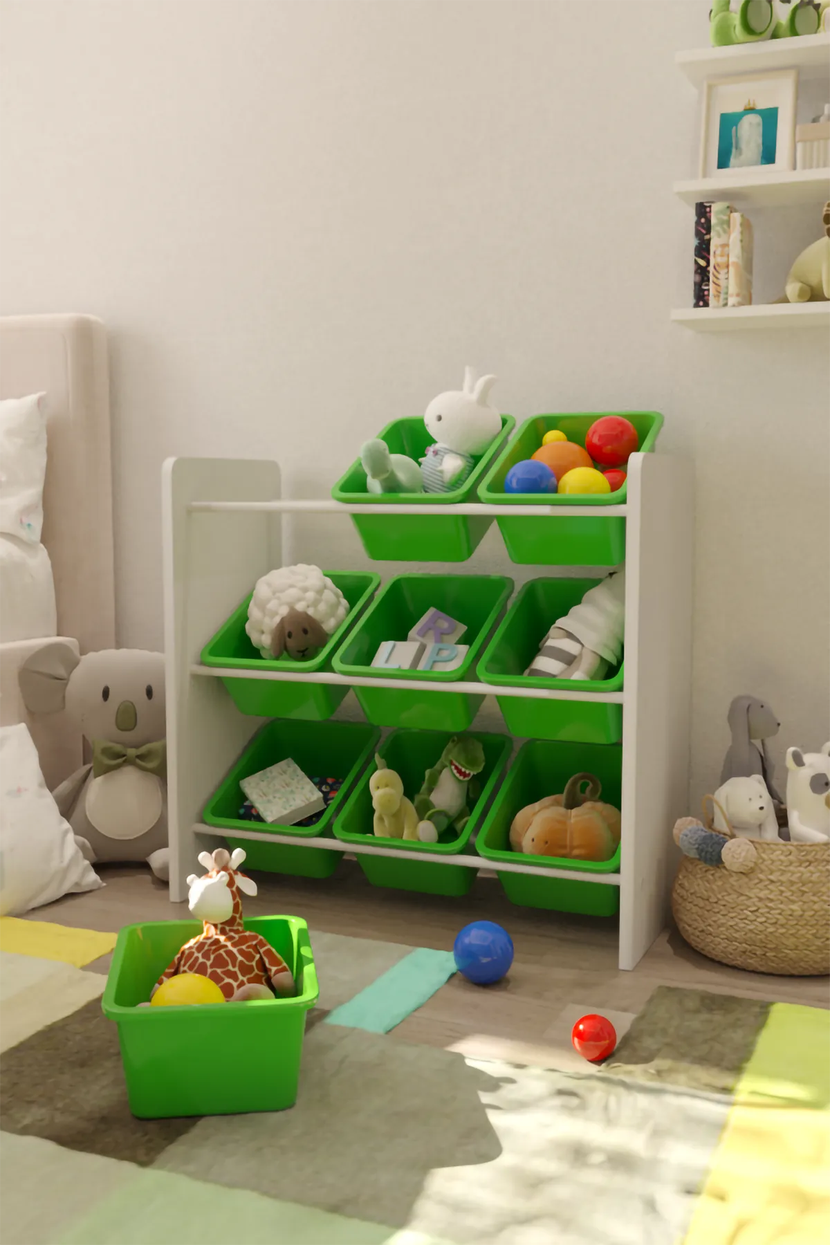 9 Sepetli Montessori Oyuncak Dolabı | Çok Amaçlı Düzenleyici Dolap - Yeşil Sepetli