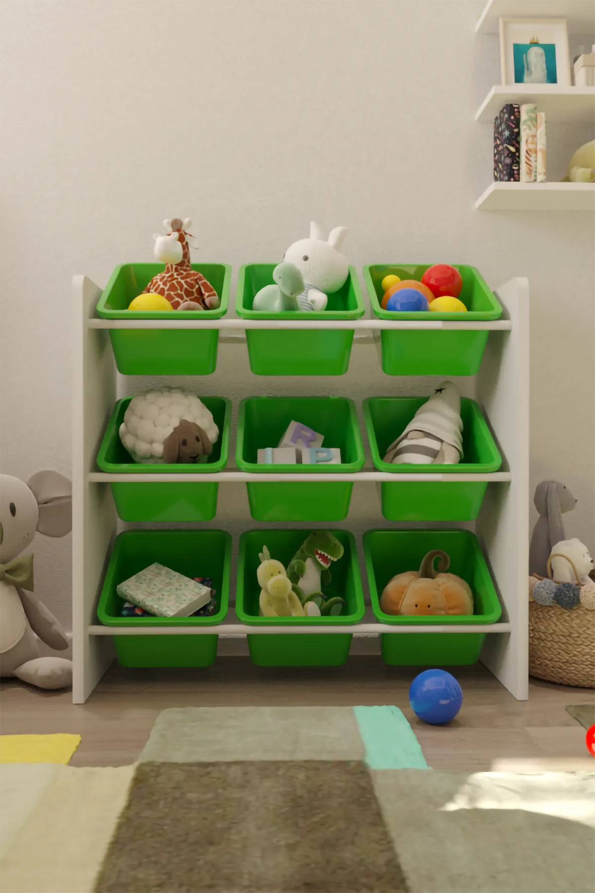 9 Sepetli Montessori Oyuncak Dolabı | Çok Amaçlı Düzenleyici Dolap - Yeşil Sepetli