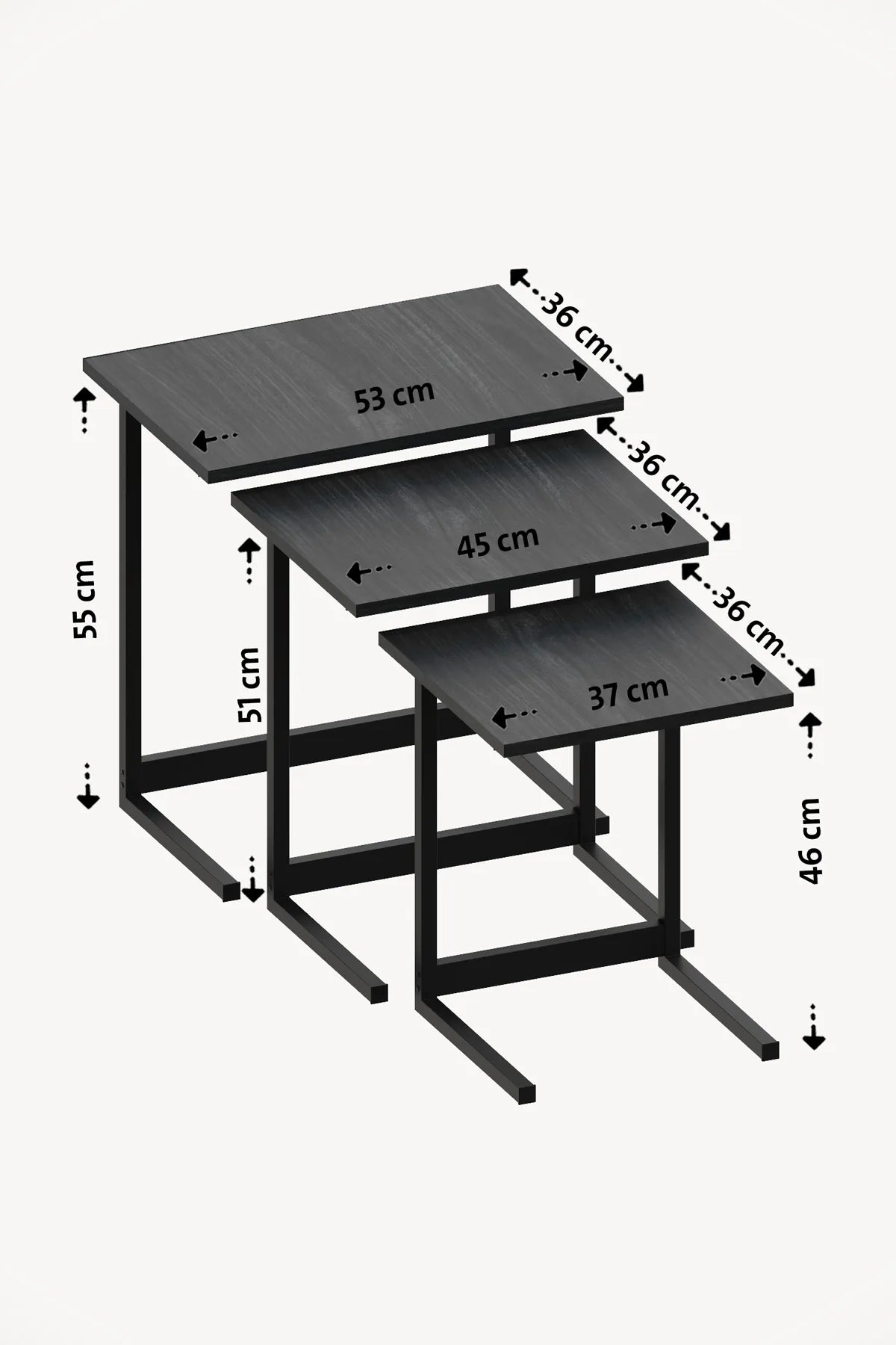 3’lü Zigon Sehpa | Modern C Sehpa Seti & Metal Ayaklı Yan Sehpa Siyah - Siyah Ayak